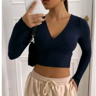 Transpassado Manga Longa Blusa Cropped - Branco