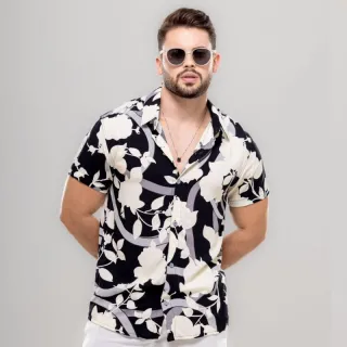 Camisa estampada masculina de botão, manga curta - blusa masculina com estampa - Laranja