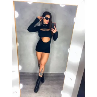 Decote Verão Manga Longa Canelado Macaquinho Feminino - Preto Suplex -102