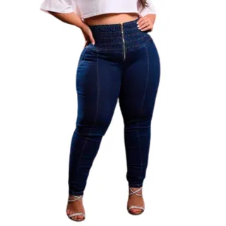Modeladora Cós Alto Calça Jeans Empina Bumbum Strech Chapa Barriga - Jeans Lipo Cintura Alta Ziper