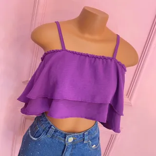 Moda Feminina 2023: Cropped com Camadas de Babados, Alça Gringa - Verde Militar (Air Flow)