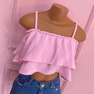 Moda Feminina 2023: Cropped com Camadas de Babados, Alça Gringa - Verde Militar (Air Flow)