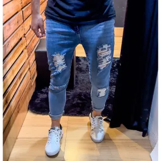 Calça Masculina Skinny Destroyed LD - Queima de Estoque Santt Jeans - Calça preta LD