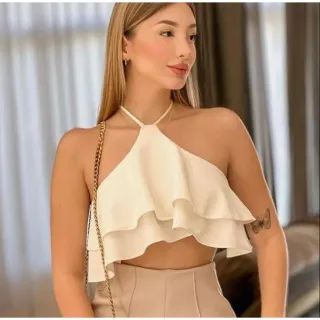 Cropped com babado e amarração no pescoço - 025 - Verde musgo