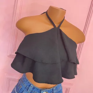 Cropped com babado e amarração no pescoço - 025 - Verde musgo