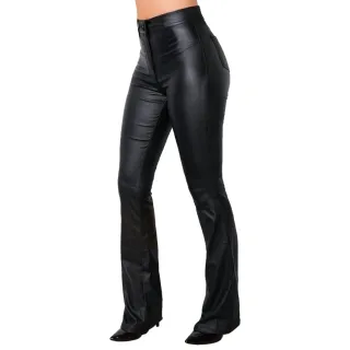 Hot Pants Flare em Cirré Couro com Bolsos Zíper e Botão - Calça Disco Bailarina WOLFOX - Vinho