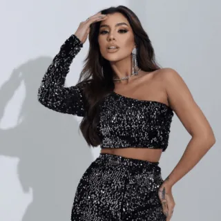 Blusa Cropped Manga Longa Paetê Lantejoulas - Moda Gringa - Roxo