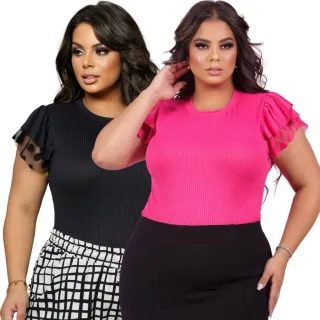 Blusa Feminina Plus Size Amelia com Babado Verdadeiro, nos tamanhos G1, G2 e G3 - Rosa Pink