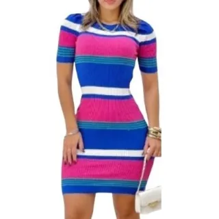 Variedade de Vestidos Tricot Modal / Manga Curta / Gola V e Redonda / Listrado Trico - Marinho Vest Liso