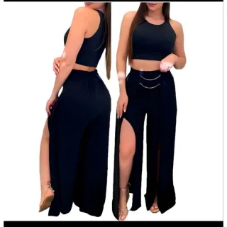 Calça pantalona feminina com fenda, tendência de corrente em tecido duna - Pinki