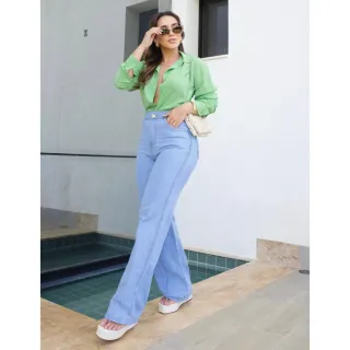 Wide Leg Calça Jeans Feminina Cintura Alta Pantalona - Wide Escura