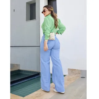 Wide Leg Calça Jeans Feminina Cintura Alta Pantalona - Wide Escura