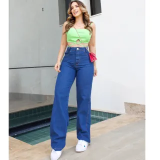 Wide Leg Calça Jeans Feminina Cintura Alta Pantalona - Wide Escura