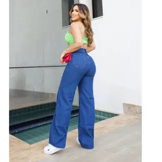 Wide Leg Calça Jeans Feminina Cintura Alta Pantalona - Wide Escura