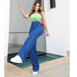 Wide Leg Calça Jeans Feminina Cintura Alta Pantalona - Wide Escura