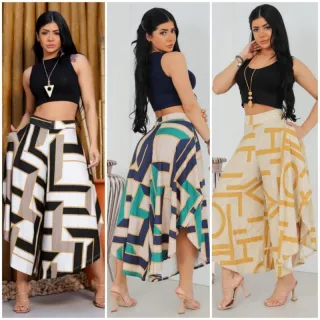 Pantacourt Estampada e Lisa - Tam. Único 38 ao 48 - Verde Militar