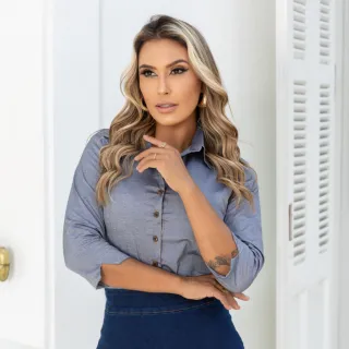 Moda Social Feminina | Blusa Manga 3/4 Tons de Jeans - Jeans Médio