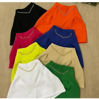 Short Cintura Alta Luxo em Linho com Corrente - M, G, GG - Vermelho