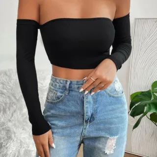 Canelado Cropped Feminino Ombro a Ombro - Várias Cores - Branco