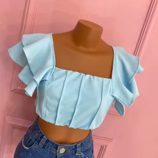 Cropped Amarração Alça Babado Busto Forrado 002 - Preto