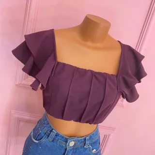 Cropped Amarração Alça Babado Busto Forrado 002 - Preto