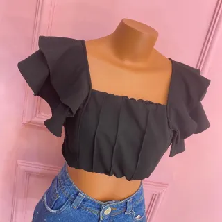 Cropped Amarração Alça Babado Busto Forrado 002 - Preto