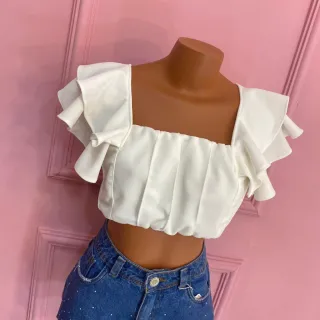 Cropped Amarração Alça Babado Busto Forrado 002 - Preto