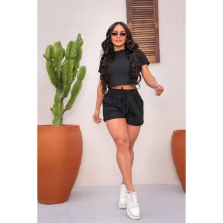 Moda Blogueira: Conjunto Feminino Cropped Manguinha Moletinho Short Clássico - Pink