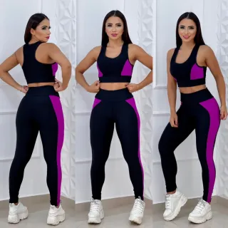 Moda Fitness Feminina: Conjunto Suplex Top + Calça Legging Cintura Alta 2 peças - Preto/Azul