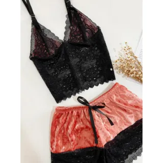 Baby Doll Feminino Lingerie Veludo Luxo Renda Sexy Short - Vinho