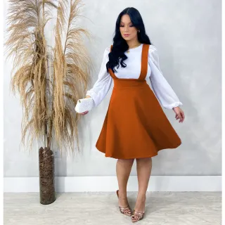 Moda Evangélica - Saia Godê Rodada Salopete com Suspensório - Preto