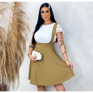 Moda Evangélica - Saia Godê Rodada Salopete com Suspensório - Preto