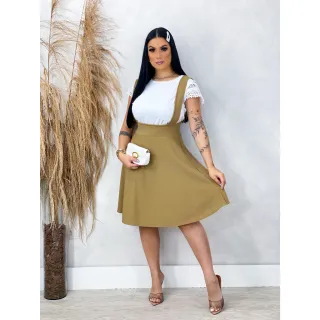 Moda Evangélica - Saia Godê Rodada Salopete com Suspensório - Preto