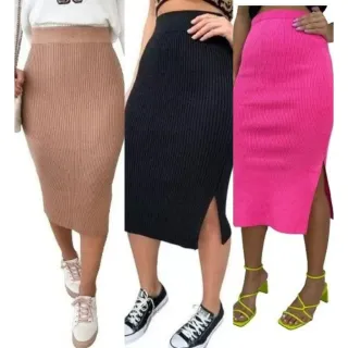 Tendência Blogueira: Saia Midi Tricot Modal com Fenda Lateral