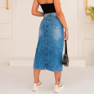 Midi Evangélica Saia Jeans Longa Feminina Cintura Alta com Abertura - Lavagem Clara-Abertura Frente