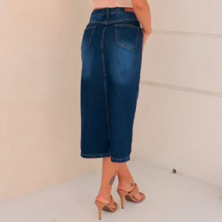 Midi Evangélica Saia Jeans Longa Feminina Cintura Alta com Abertura - Lavagem Clara-Abertura Frente