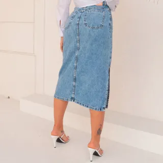 Midi Evangélica Saia Jeans Longa Feminina Cintura Alta com Abertura - Lavagem Clara-Abertura Frente