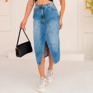 Midi Evangélica Saia Jeans Longa Feminina Cintura Alta com Abertura - Lavagem Clara-Abertura Frente