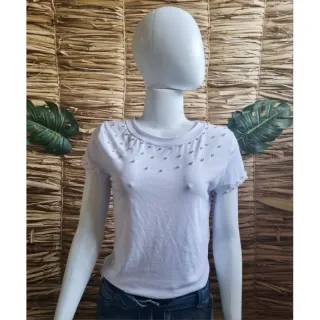 Blusa Feminina Manga Curta Pérolas Detalhes - Preto