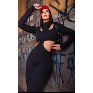 Moda Gringa: Macacão Longo Virgínia em Suplex e Canelado - 2 Peças - Preto suplex