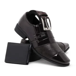 Sapato Social Masculino Verniz Kit Cinto Carteira - Cores 834 Pais - Marrom