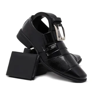 Sapato Social Masculino Verniz Kit Cinto Carteira - Cores 834 Pais - Marrom