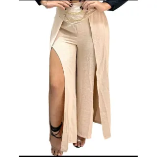 Calça pantalona feminina com fenda, tendência de corrente em tecido duna - Pinki