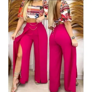 Calça pantalona feminina com fenda, tendência de corrente em tecido duna - Pinki