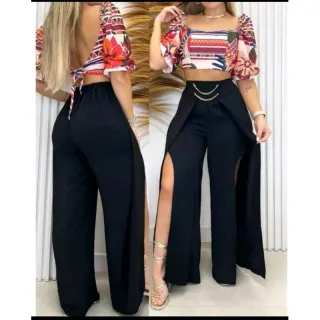 Calça pantalona feminina com fenda, tendência de corrente em tecido duna - Pinki