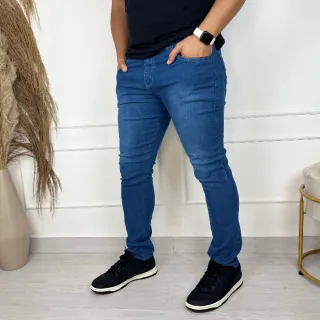 Moda Masculina Slim: Calça Jeans Skinny Casual com Elastano - Azul Medio
