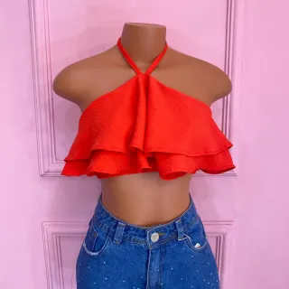 Cropped com babado e amarração no pescoço - 025 - Verde musgo