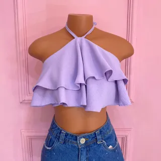 Cropped com babado e amarração no pescoço - 025 - Verde musgo