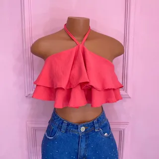 Cropped com babado e amarração no pescoço - 025 - Verde musgo