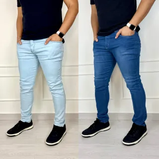 Moda Masculina: Kit com 2 Calças Jeans Skinny Elastano - Raryel - 1 Azul Claro - 1 Azul Médio